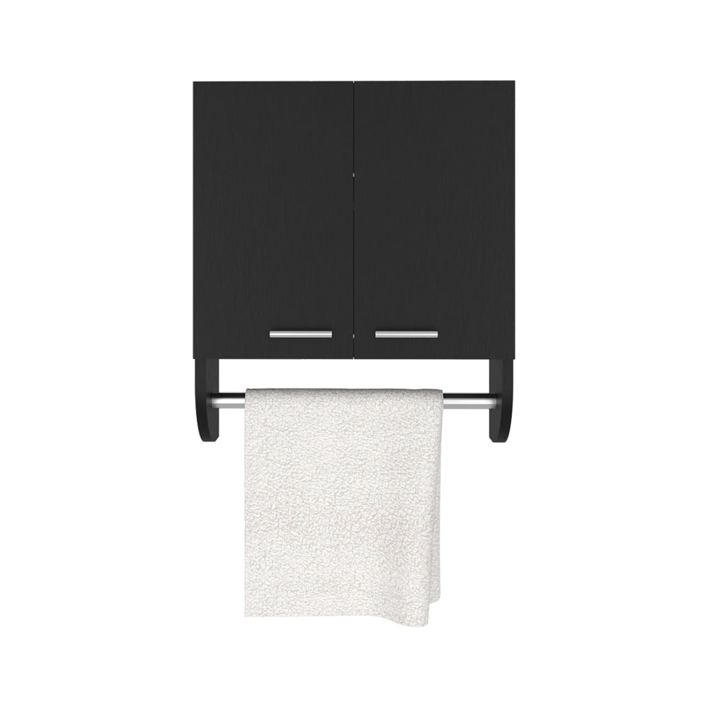 Black doubledoor bathroom wall cabinet with silver handles and a towel bar