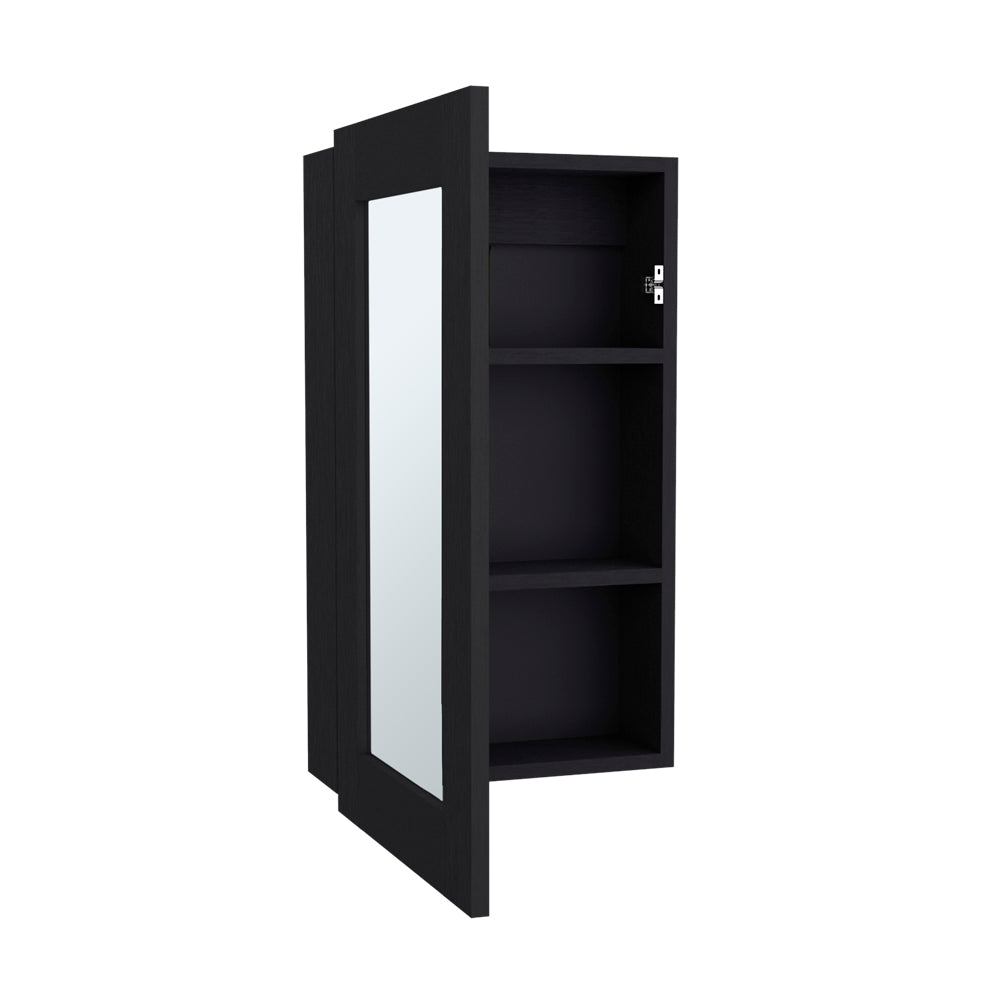 Black mirrored cabinet with open shelves for bathroom organization
