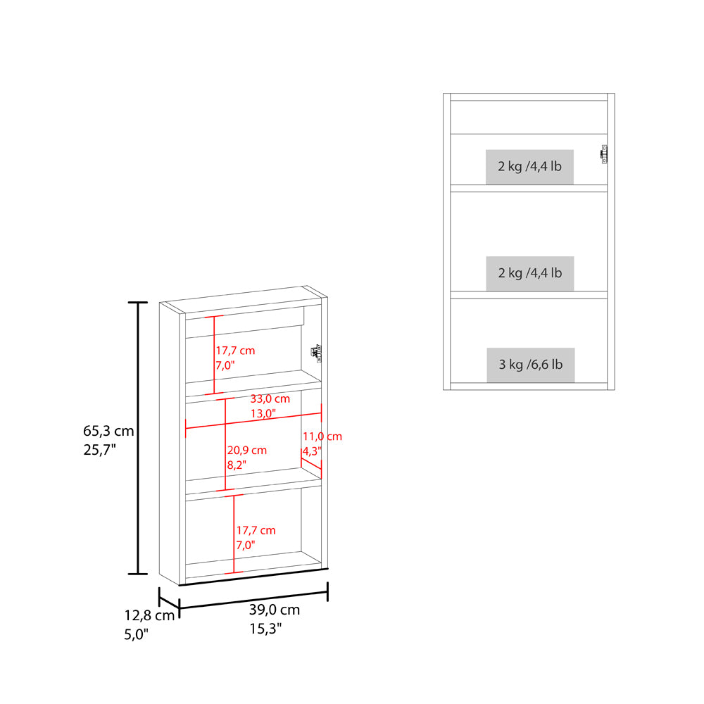 Line drawing of a white shelving unit  cm tall with dimensions indicated