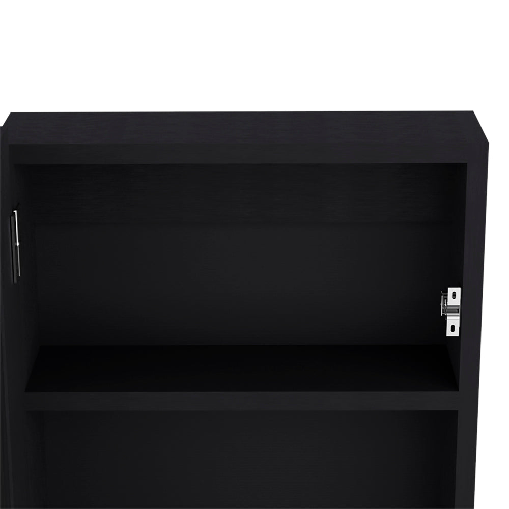 Black open cabinet with adjustable shelf and visible hinges for modern storage solutions