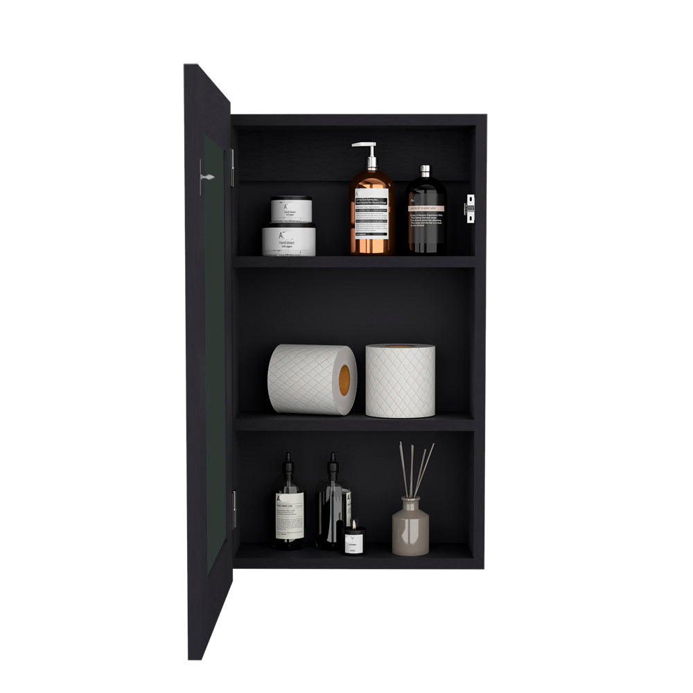 Black modern bathroom medicine cabinet with dispenser and toilet paper
