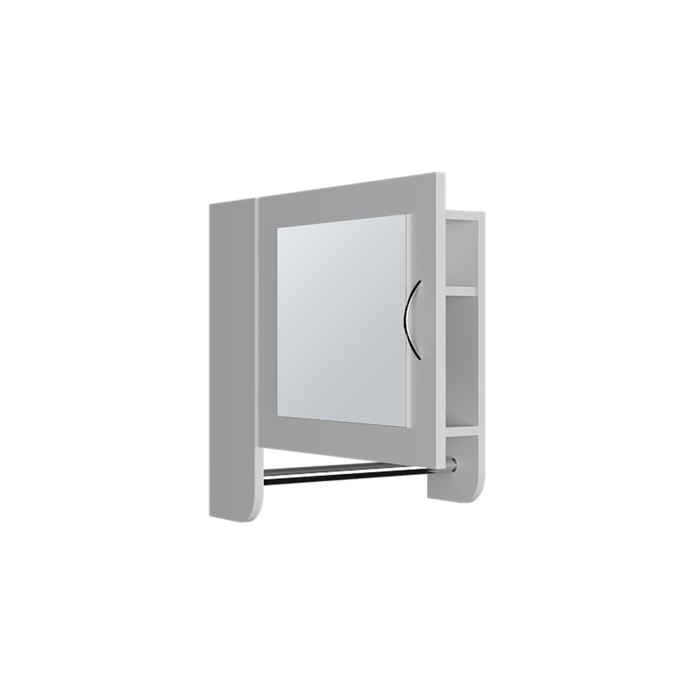 Modern gray medicine cabinet with mirrored door and open shelves