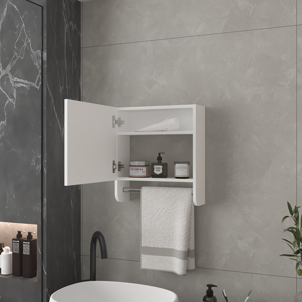 White modern bathroom wall cabinet with open door holding toiletries and a towel