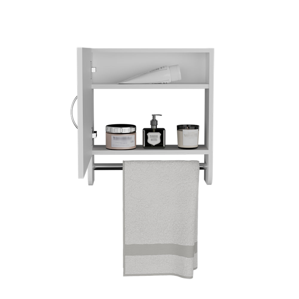 White wallmounted bathroom cabinet with open shelf holding toiletries and a towel bar with a folded towel