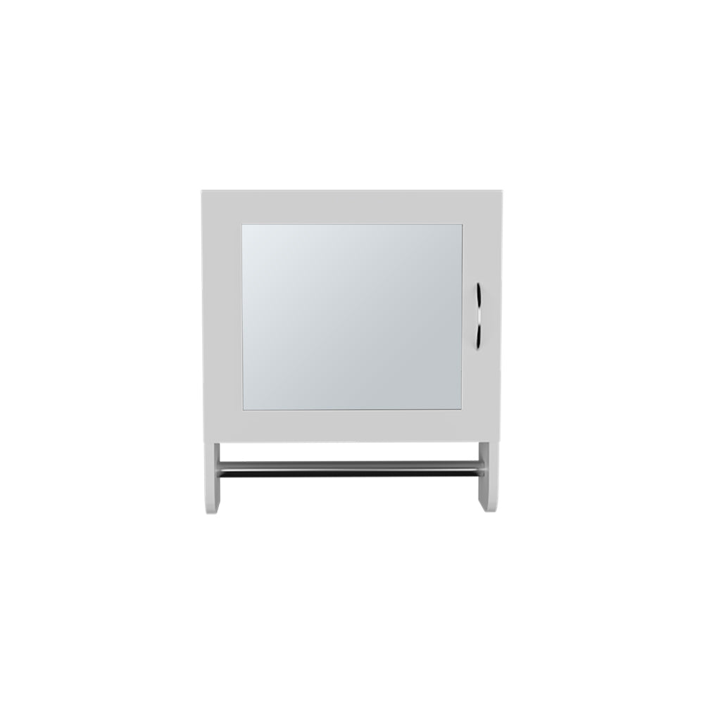 White bathroom medicine cabinet with mirrored door and towel bar below