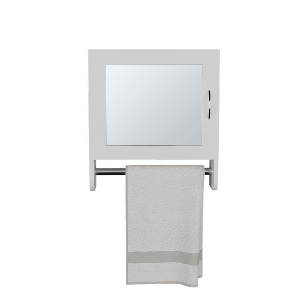 White bathroom medicine cabinet with mirrored door and towel bar
