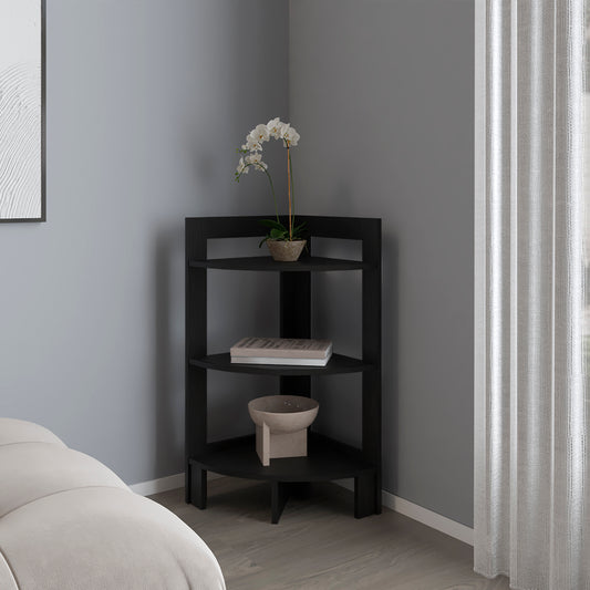 Dark wood corner shelf with three tiers displaying decor and books