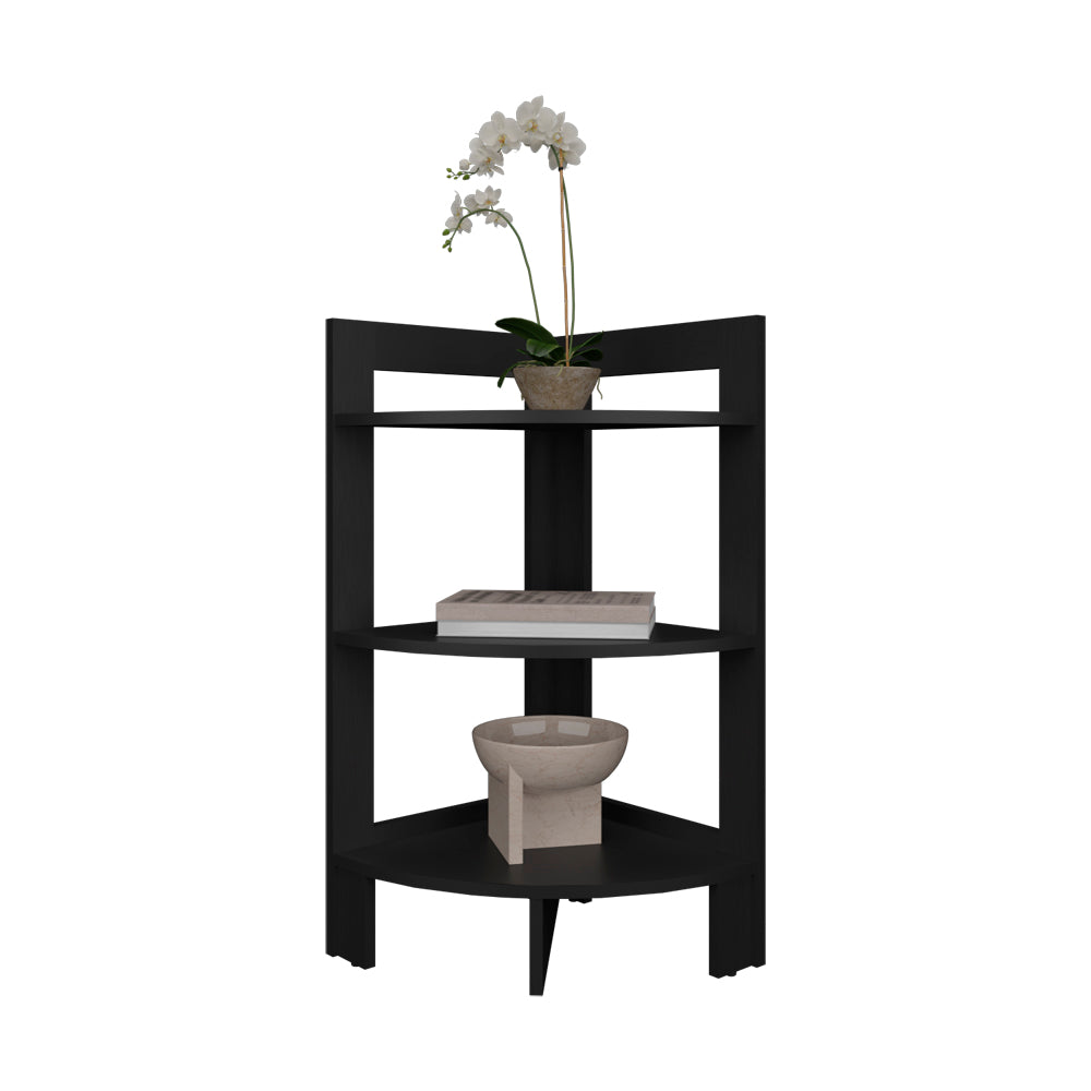 Black threetier corner shelf unit with decorative items ideal for small spaces