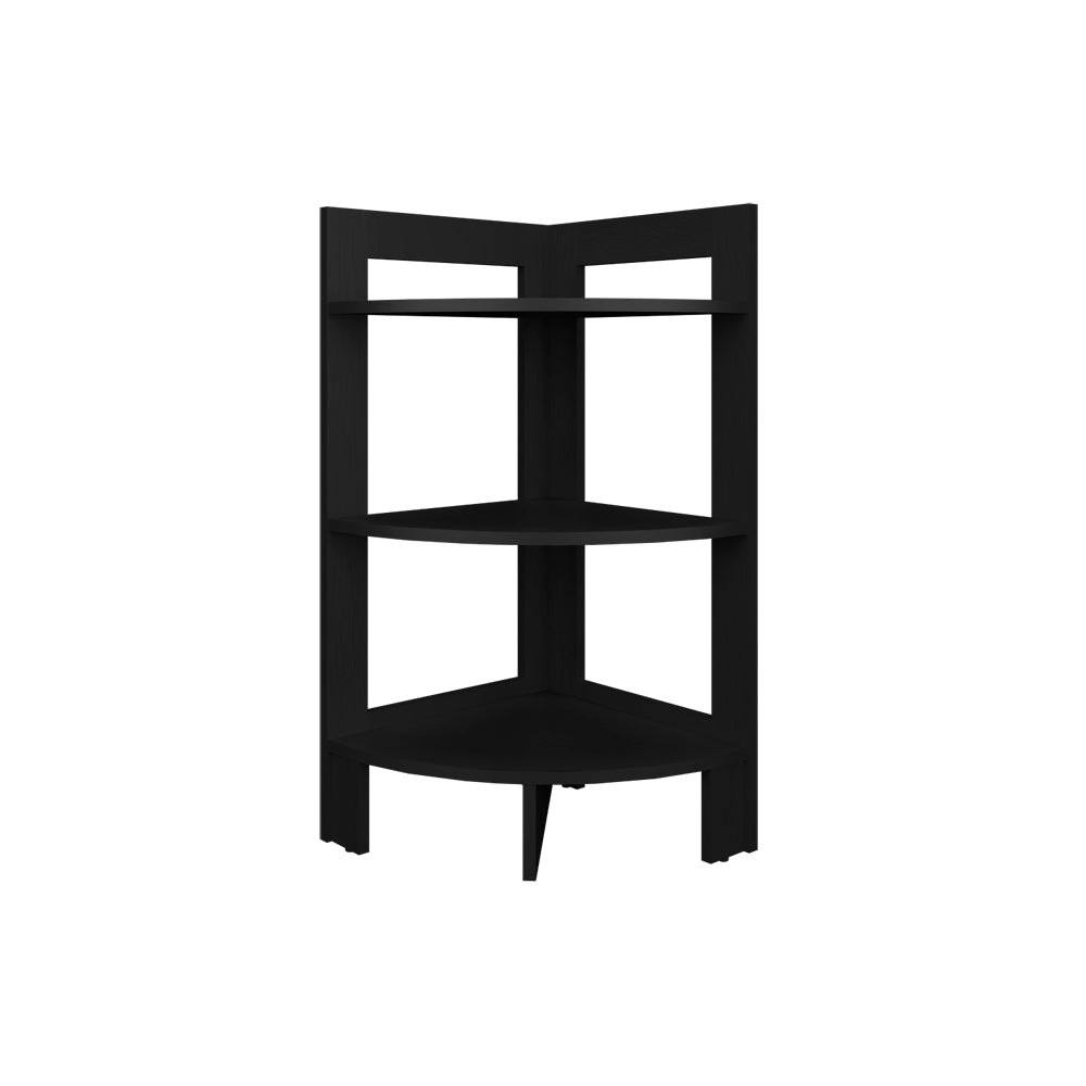 Black threetier corner shelf with clean lines perfect for small spaces