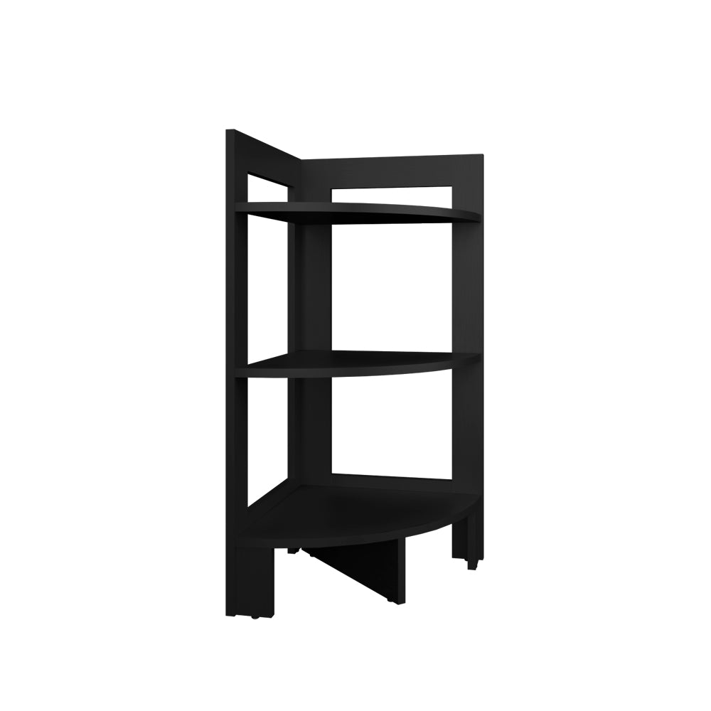 Black modern threetier corner shelf unit for spacesaving display