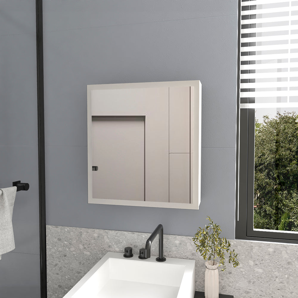 Modern white bathroom medicine cabinet with mirrored door and integrated LED lighting