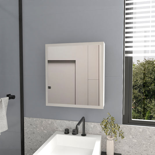 Modern white bathroom medicine cabinet with mirrored door and integrated LED lighting