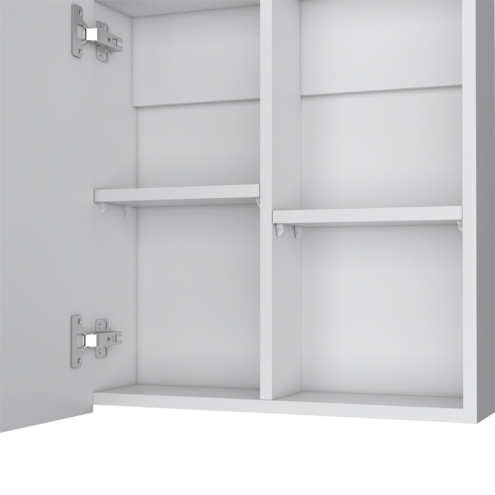 White open wall cabinet with two shelves and brushed nickel hinges