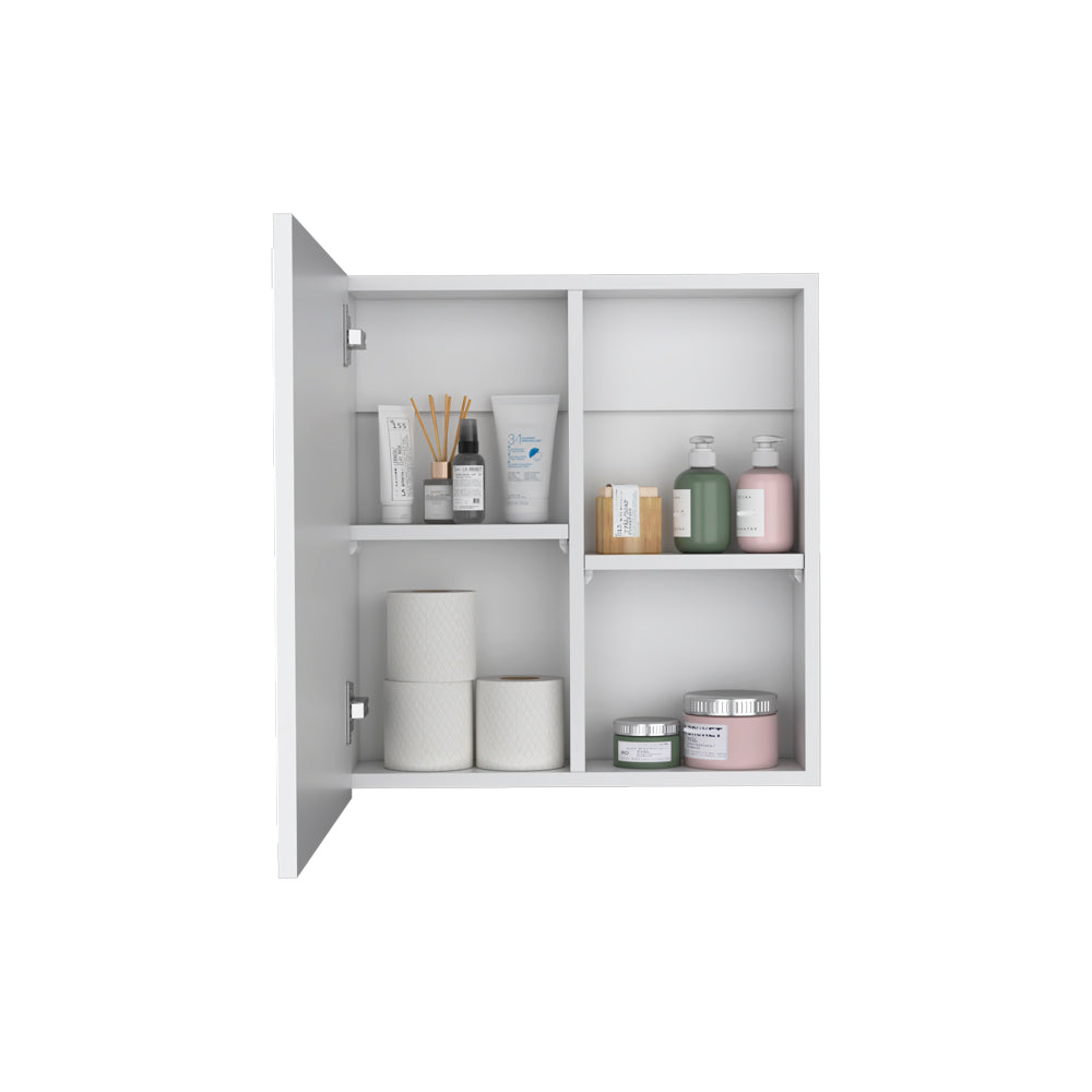White bathroom cabinet with open door displaying toiletries like lotions and toilet paper