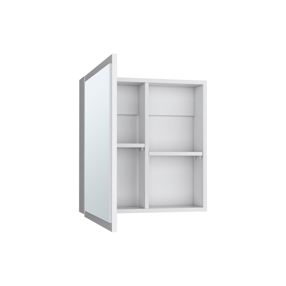 Modern white recessed medicine cabinet with mirrored door open revealing shelves