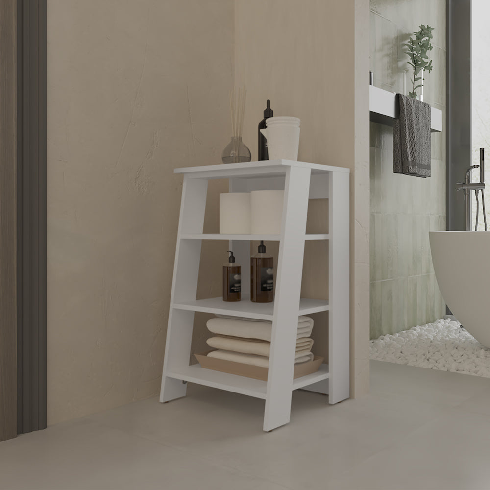 White wooden ladder shelf with toiletries and towels ideal for bathroom storage