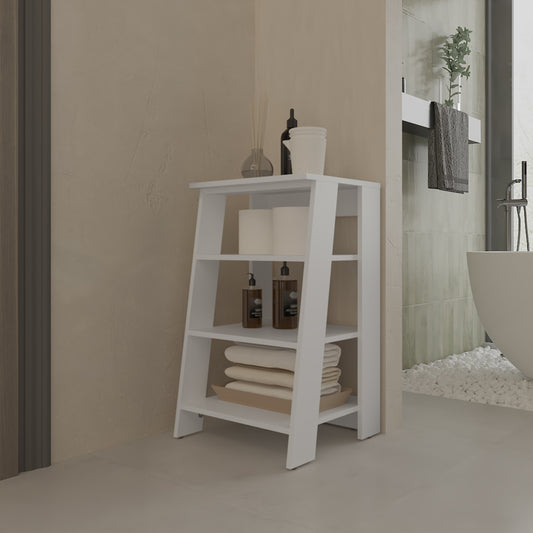 White wooden ladder shelf with toiletries and towels ideal for bathroom storage