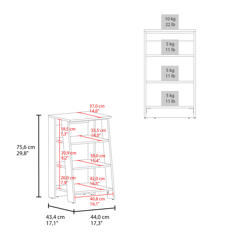 Diagram of a white ladder shelf with dimensions and weight capacity labels