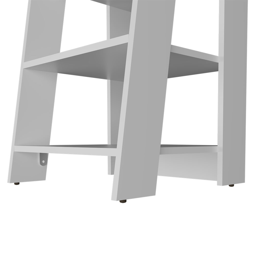 Modern white ladder bookshelf with three open shelves minimalist design