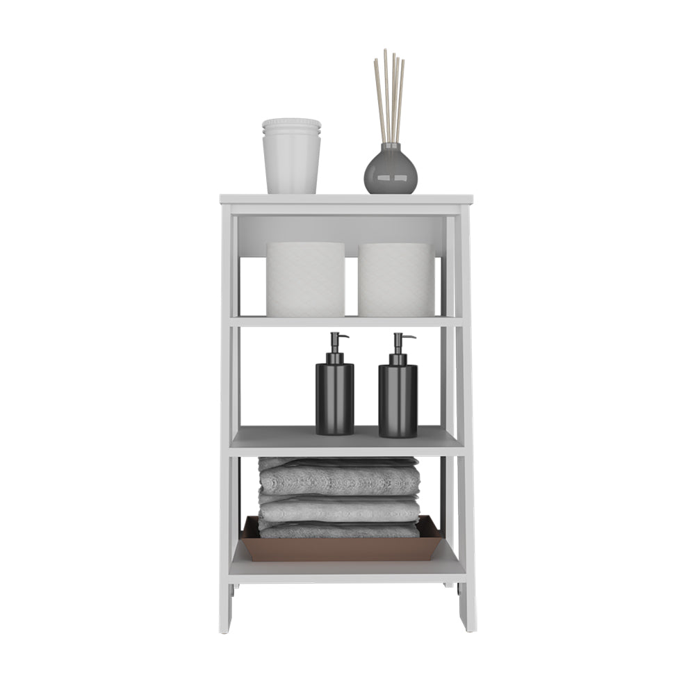 Fourtier white shelving unit with bathroom accessories Gray diffuser sticks rise from a dark gray vase on the top shelf