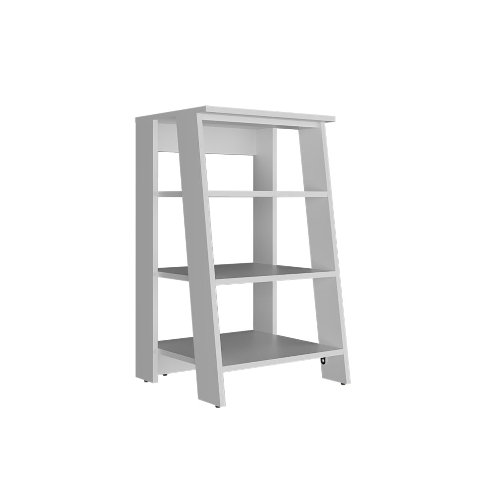 White wooden step ladder shelf unit with three shelves for storage