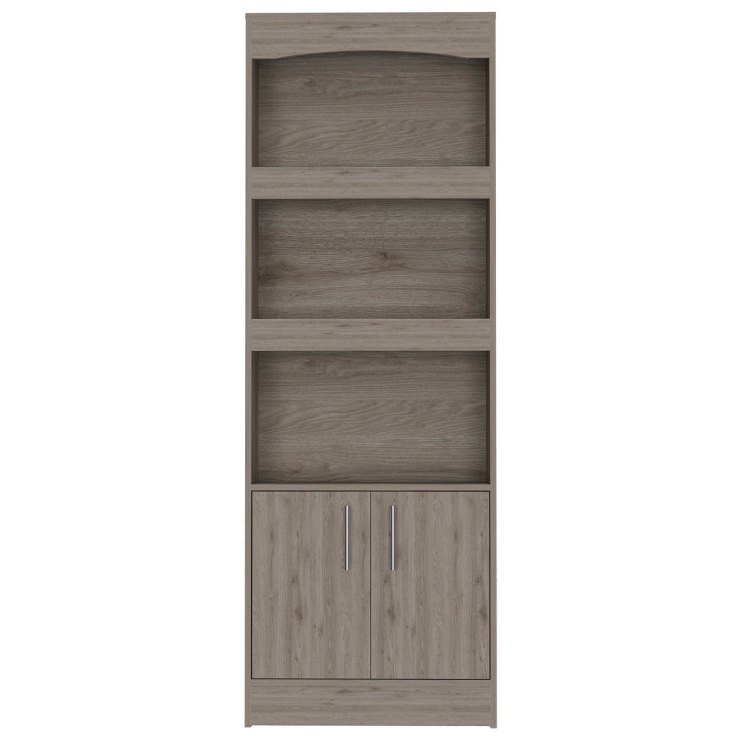 Tall taupe wood effect shelving unit with arched top and two lower cabinets