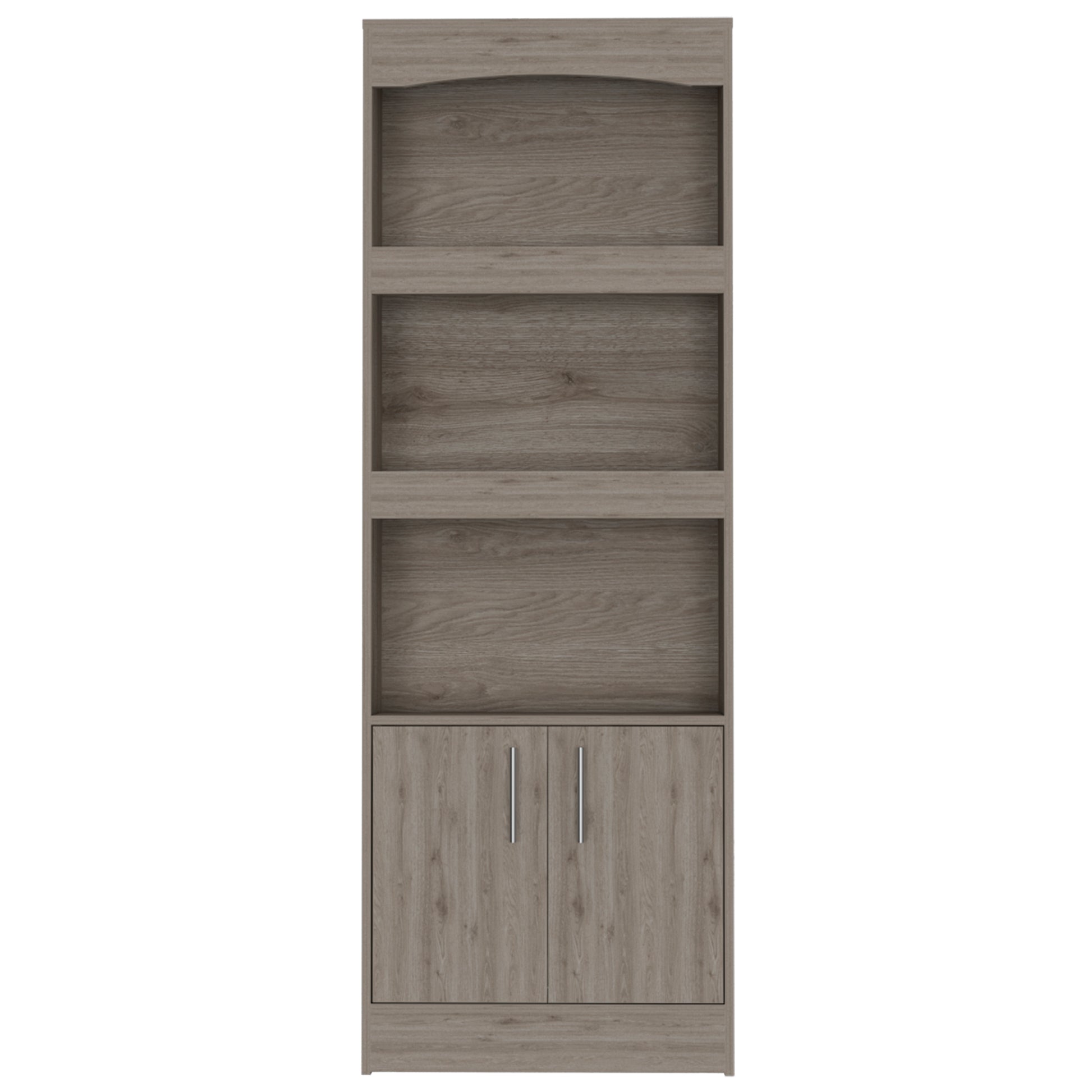 Tall taupe wood effect shelving unit with arched top and two lower cabinets
