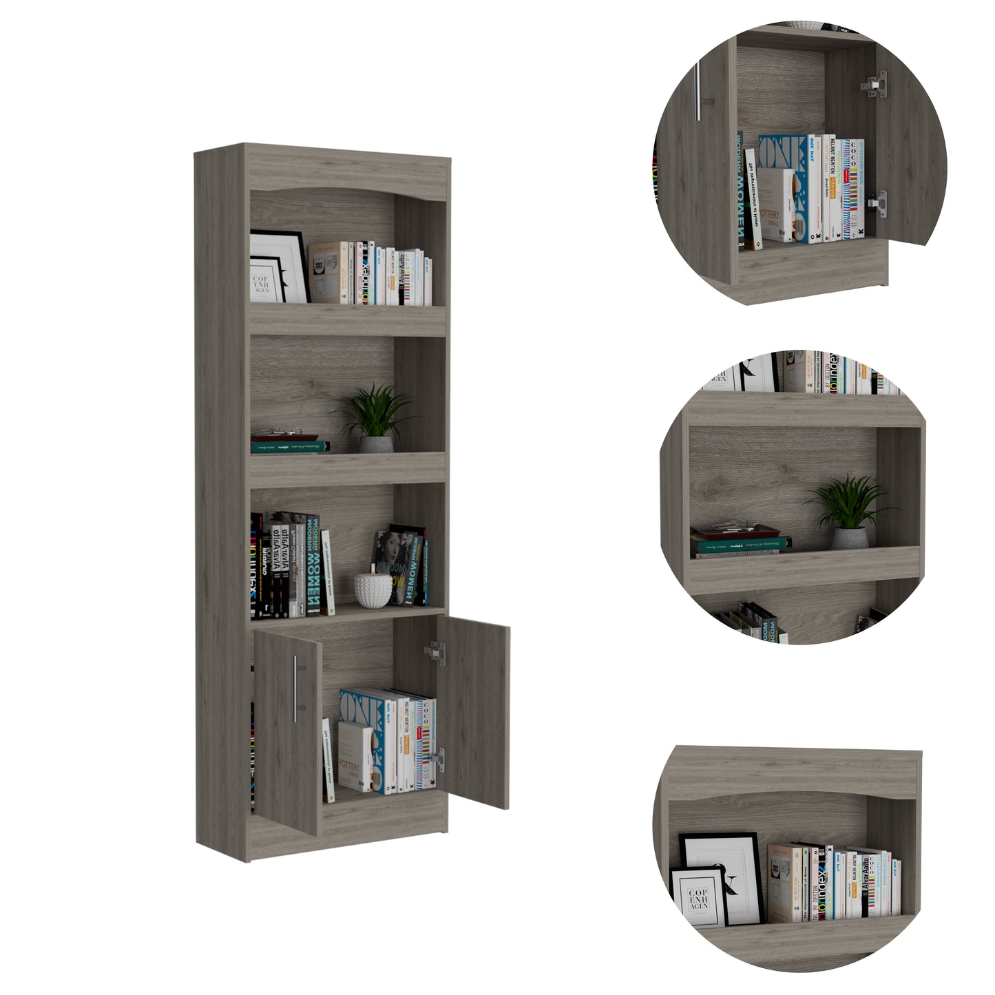 Tall grey wood bookshelf with open doors showcasing books and decor