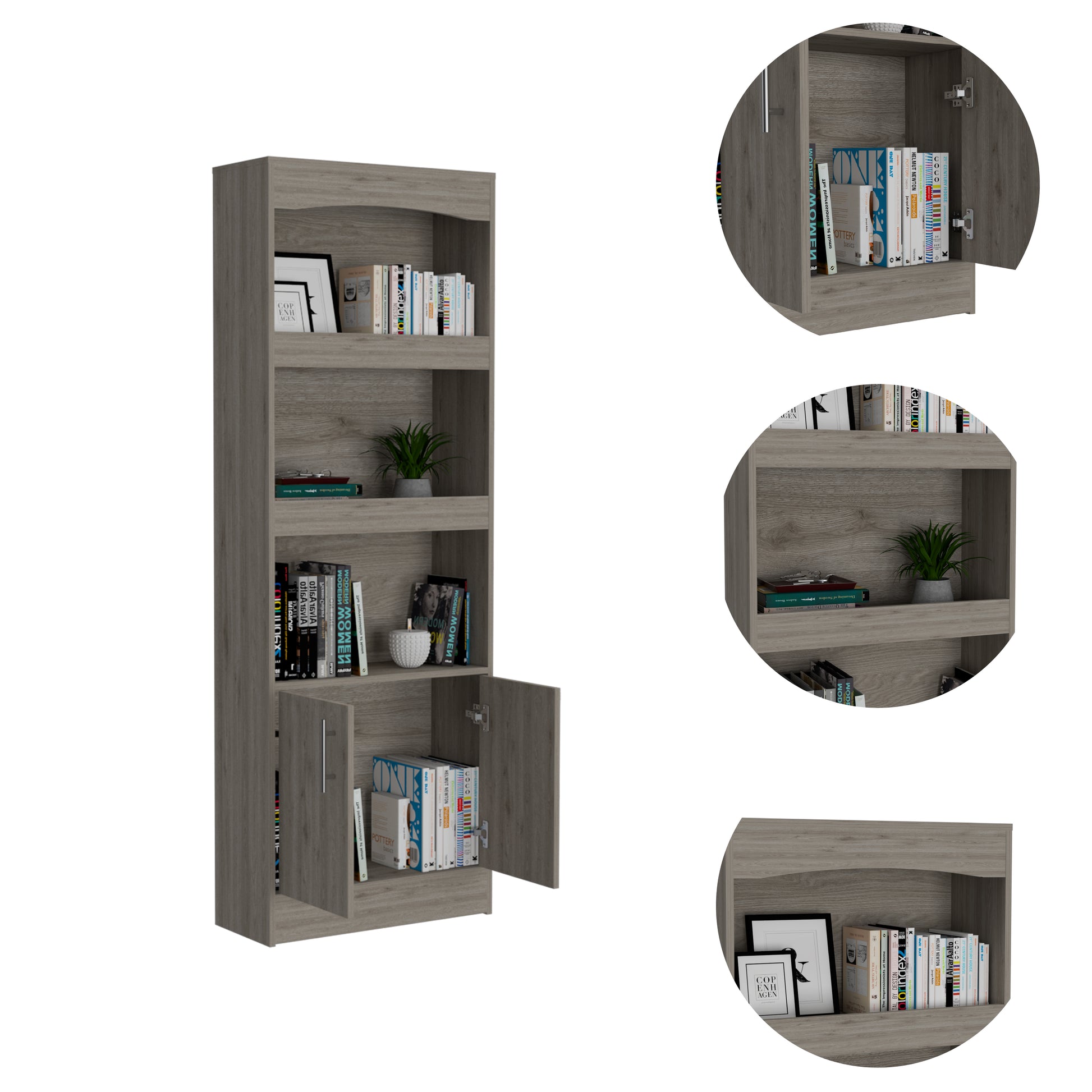 Tall grey wood bookshelf with open doors showcasing books and decor