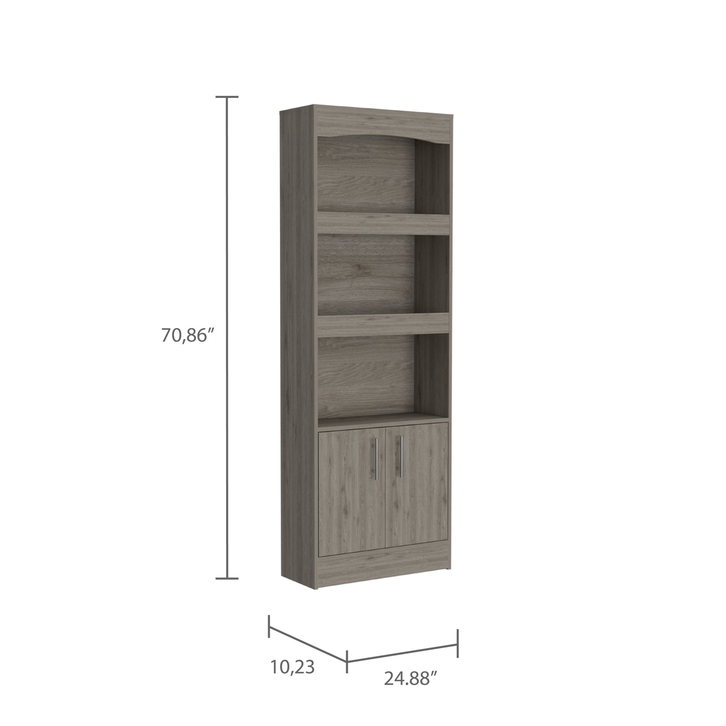 Gray wood narrow bookshelf with two doors and open shelves for storage