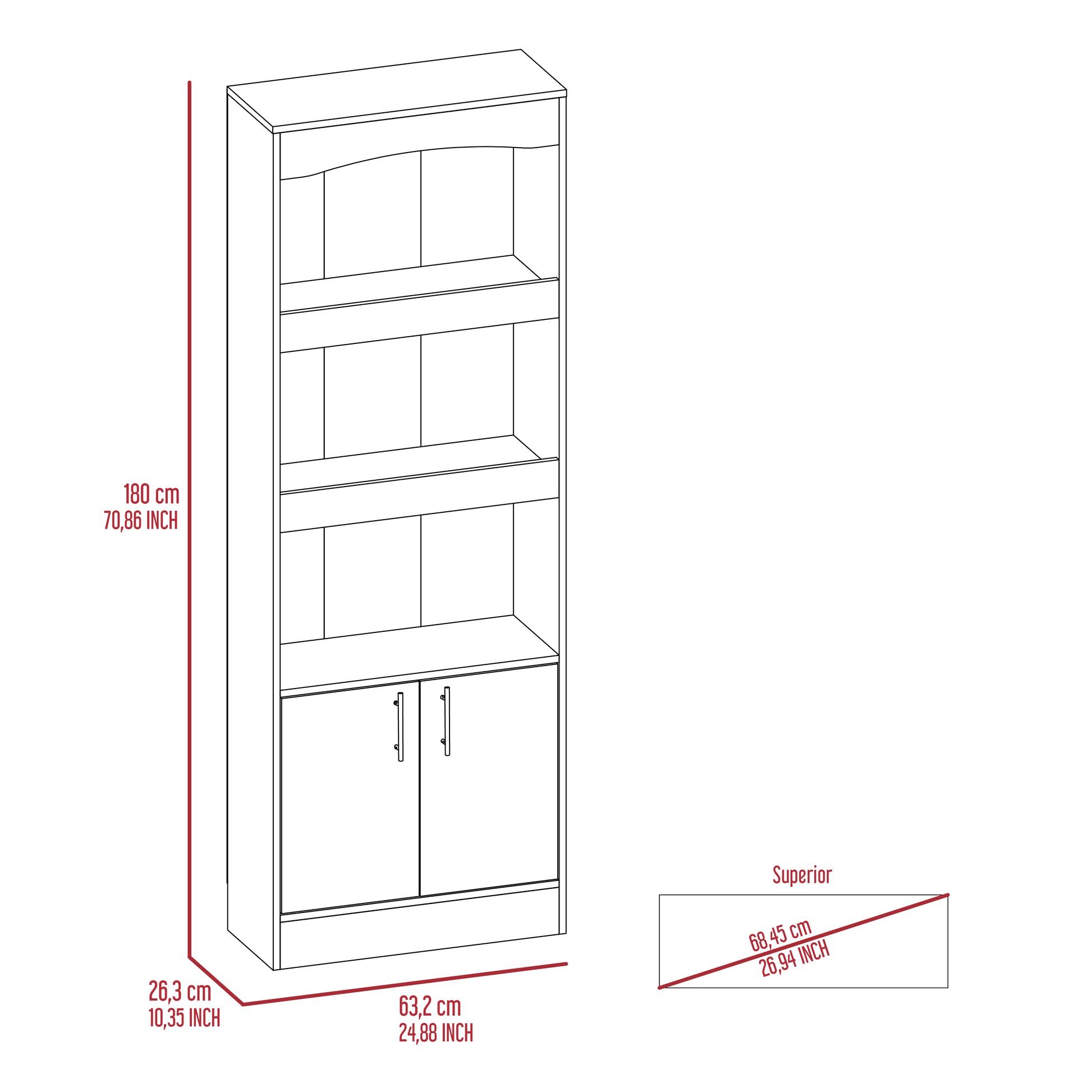 Tall white bookcase with  shelves double cabinet doors and dimensions shown