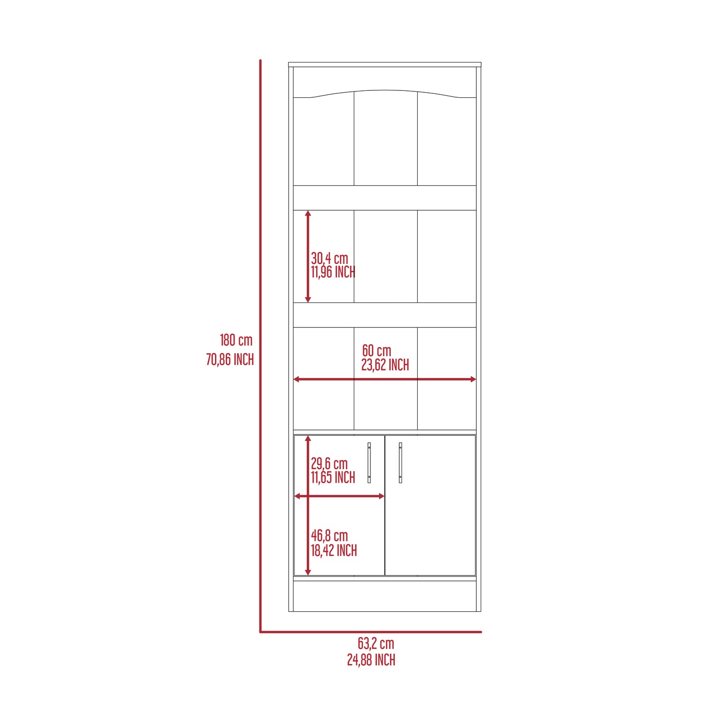 Line drawing of a white bookshelf unit with dimensions indicated