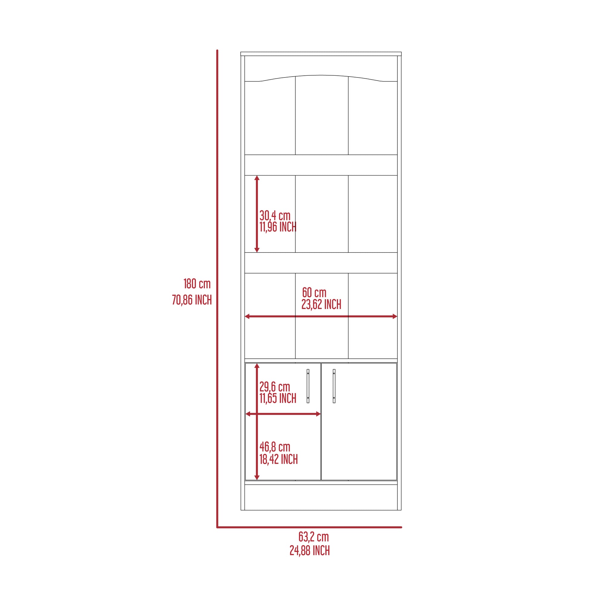 Line drawing of a white bookshelf unit with dimensions indicated