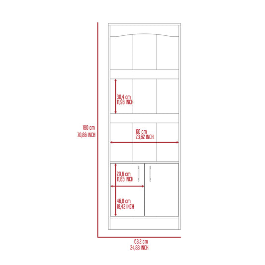 Line drawing of a white bookshelf unit with dimensions indicated