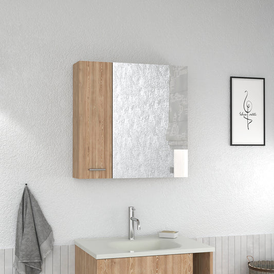Modern oak veneer bathroom cabinet with mirrored door and silver handle