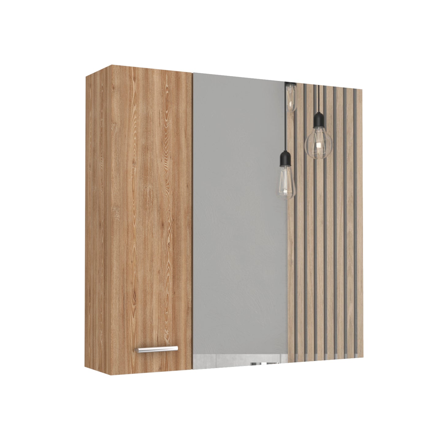Modern oak wall cabinet with a silver handle and a mirrored door for bathroom storage
