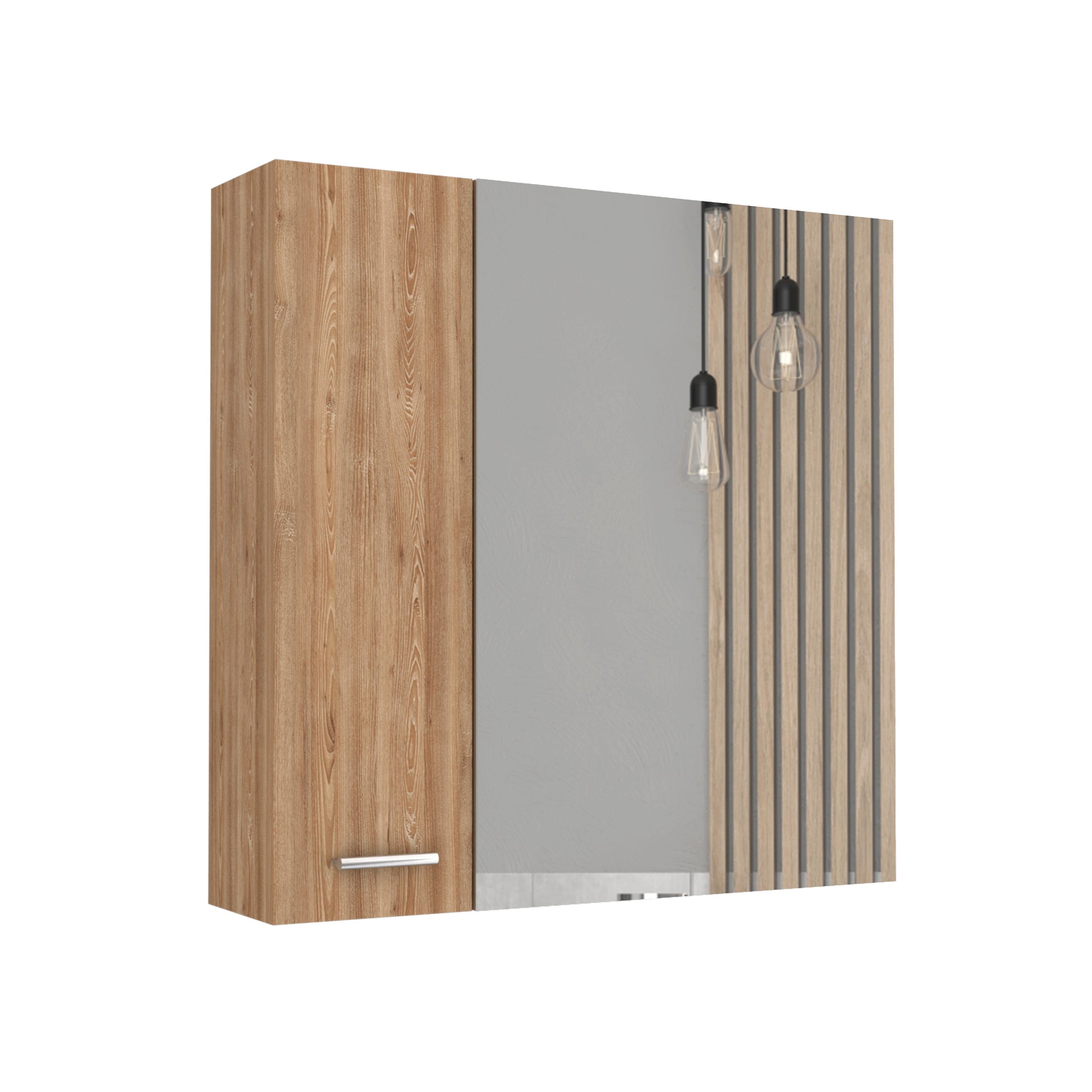 Modern oak wall cabinet with a silver handle and a mirrored door for bathroom storage