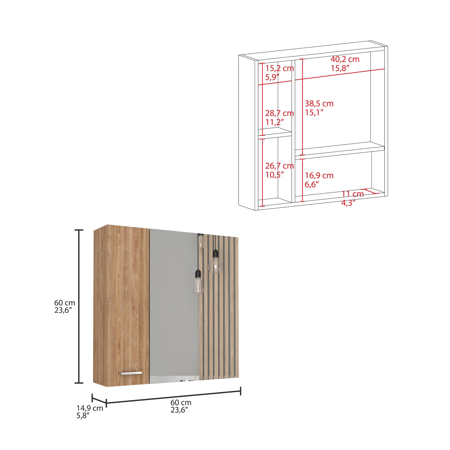 Wallmounted cabinet with natural wood veneer door and slatted panels