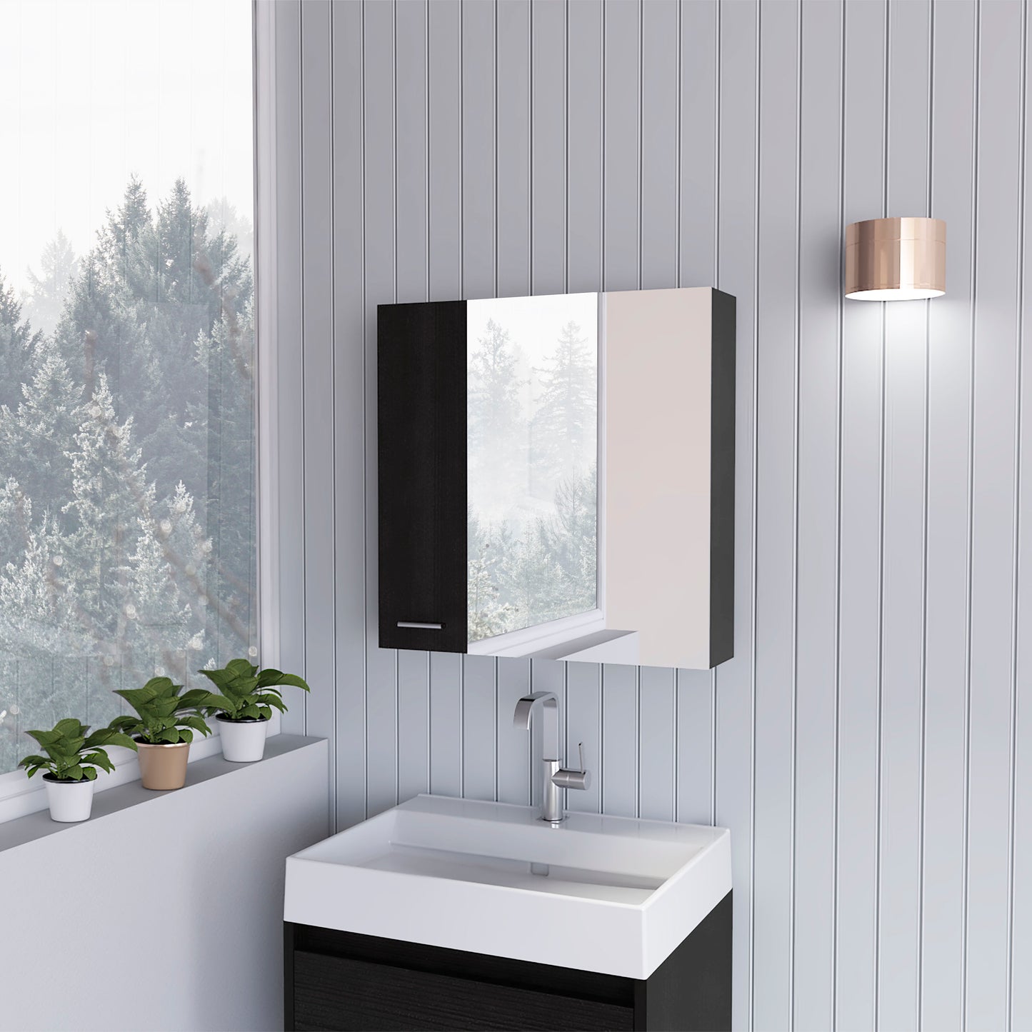 Black and beige modern medicine cabinet with mirrored doors
