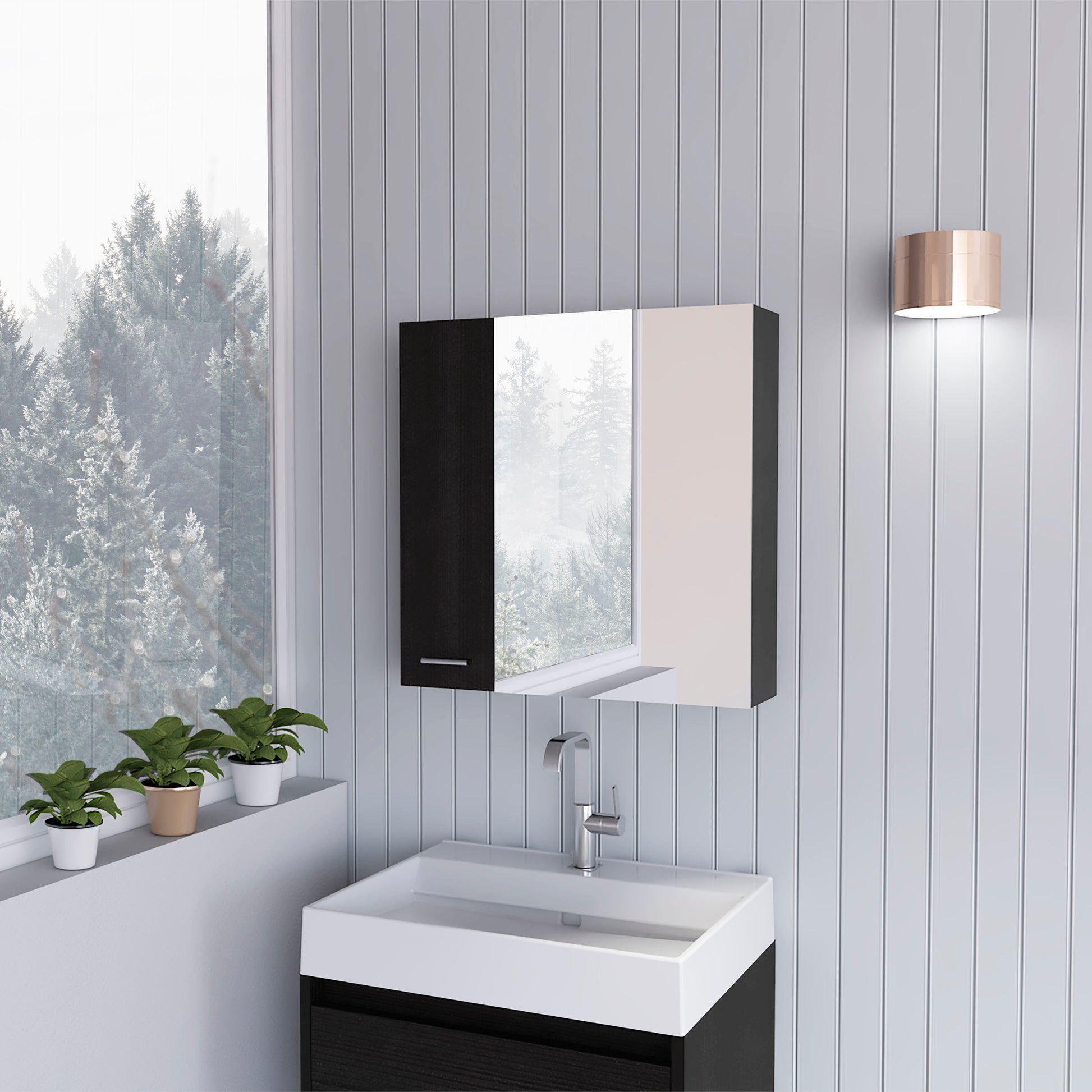 Black and beige modern medicine cabinet with mirrored doors