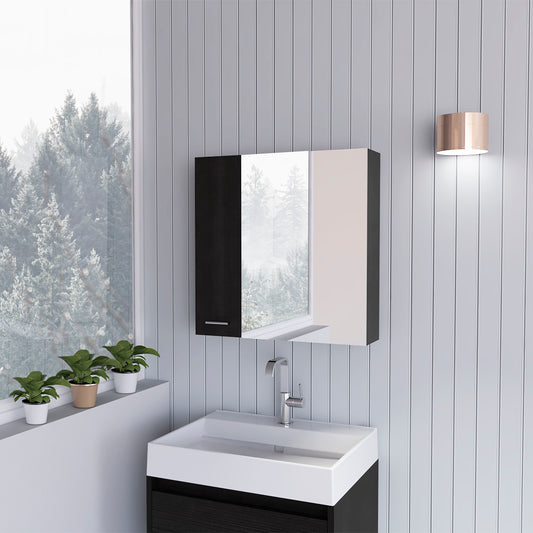 Black and beige modern medicine cabinet with mirrored doors