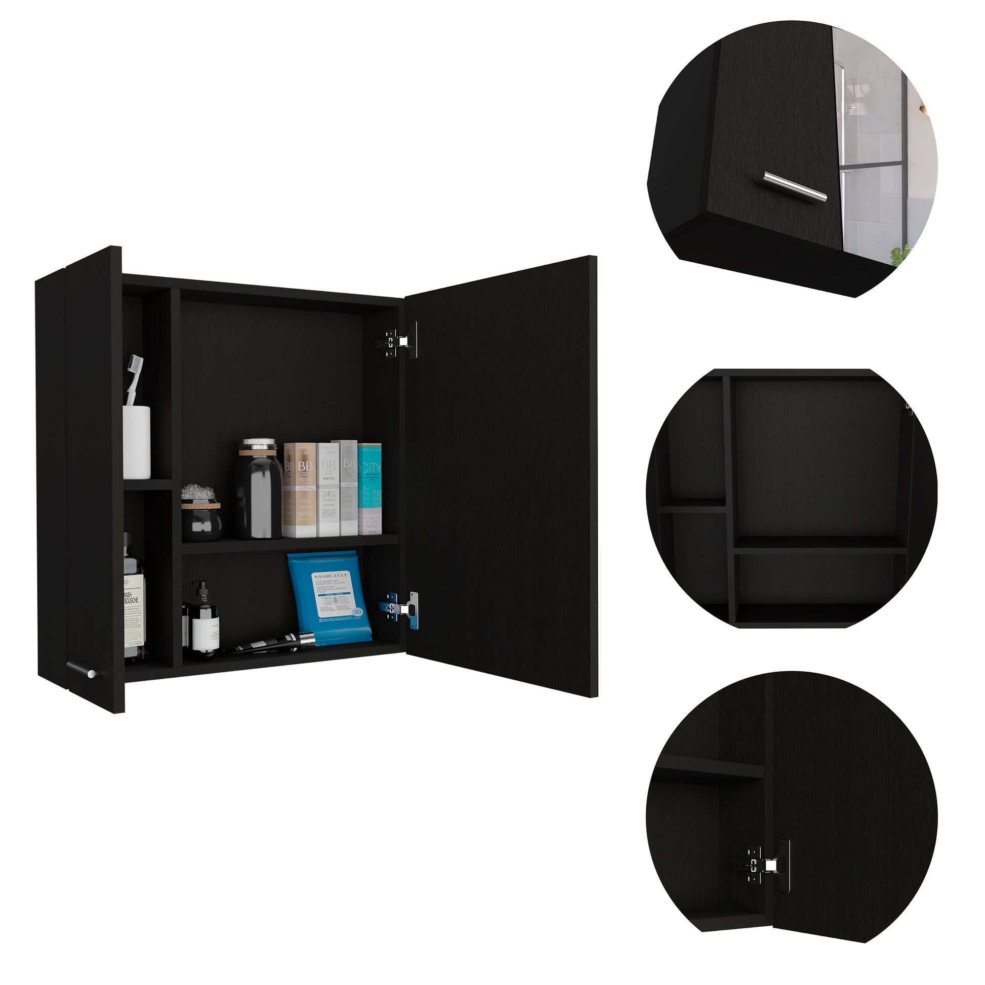 Black modern bathroom medicine cabinet with mirrored door and internal shelving