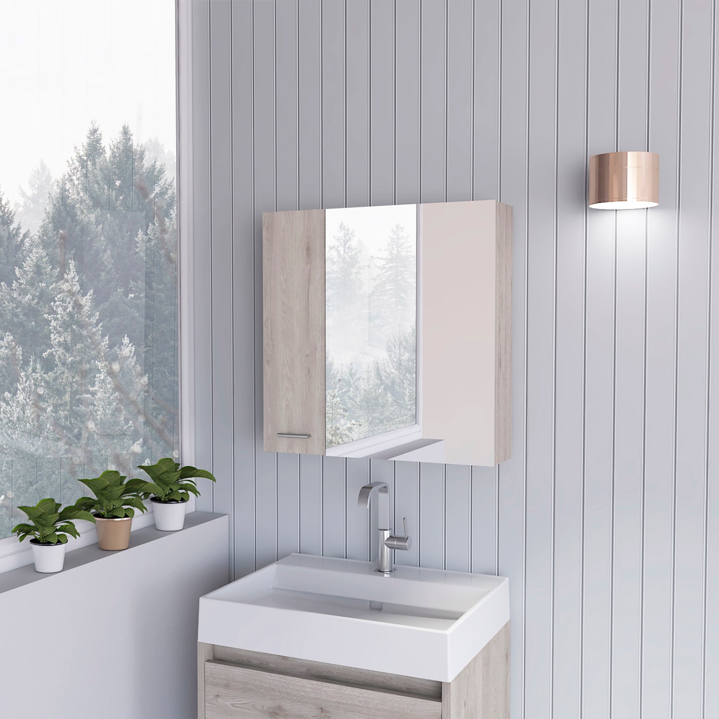 Modern bathroom vanity with light wood grain finish white sink and mirrored cabinet
