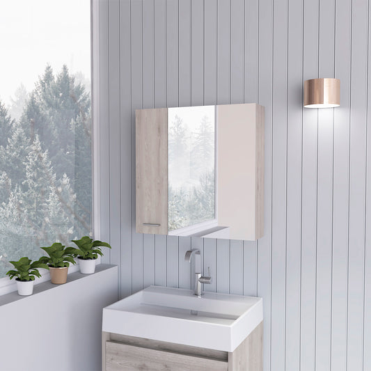 Modern bathroom vanity with light wood grain finish white sink and mirrored cabinet