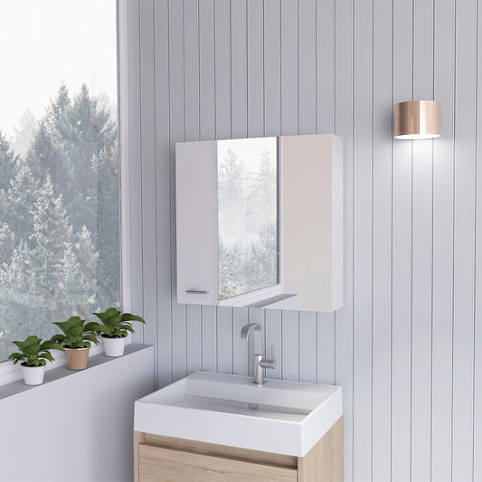 Modern white bathroom vanity with light wood drawers and integrated sink basin