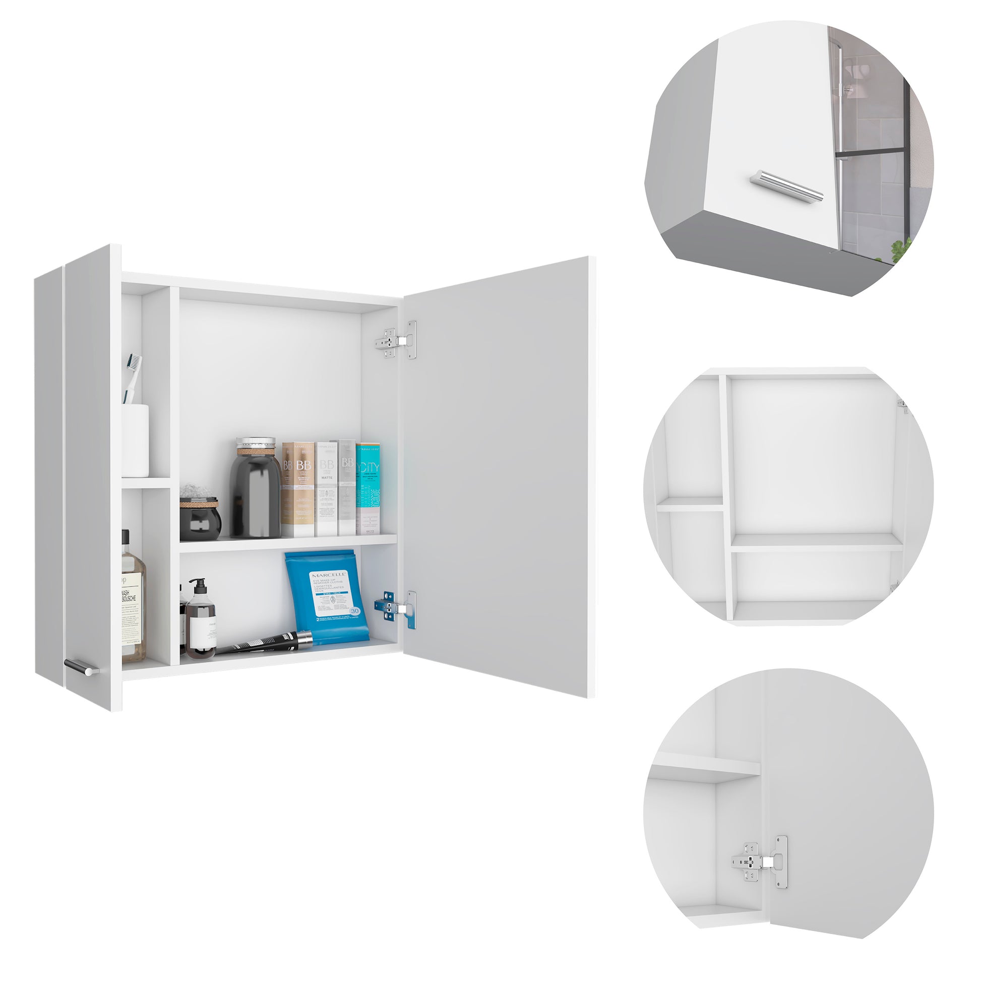 White wallmounted bathroom cabinet with chrome handle and open door showing toiletries