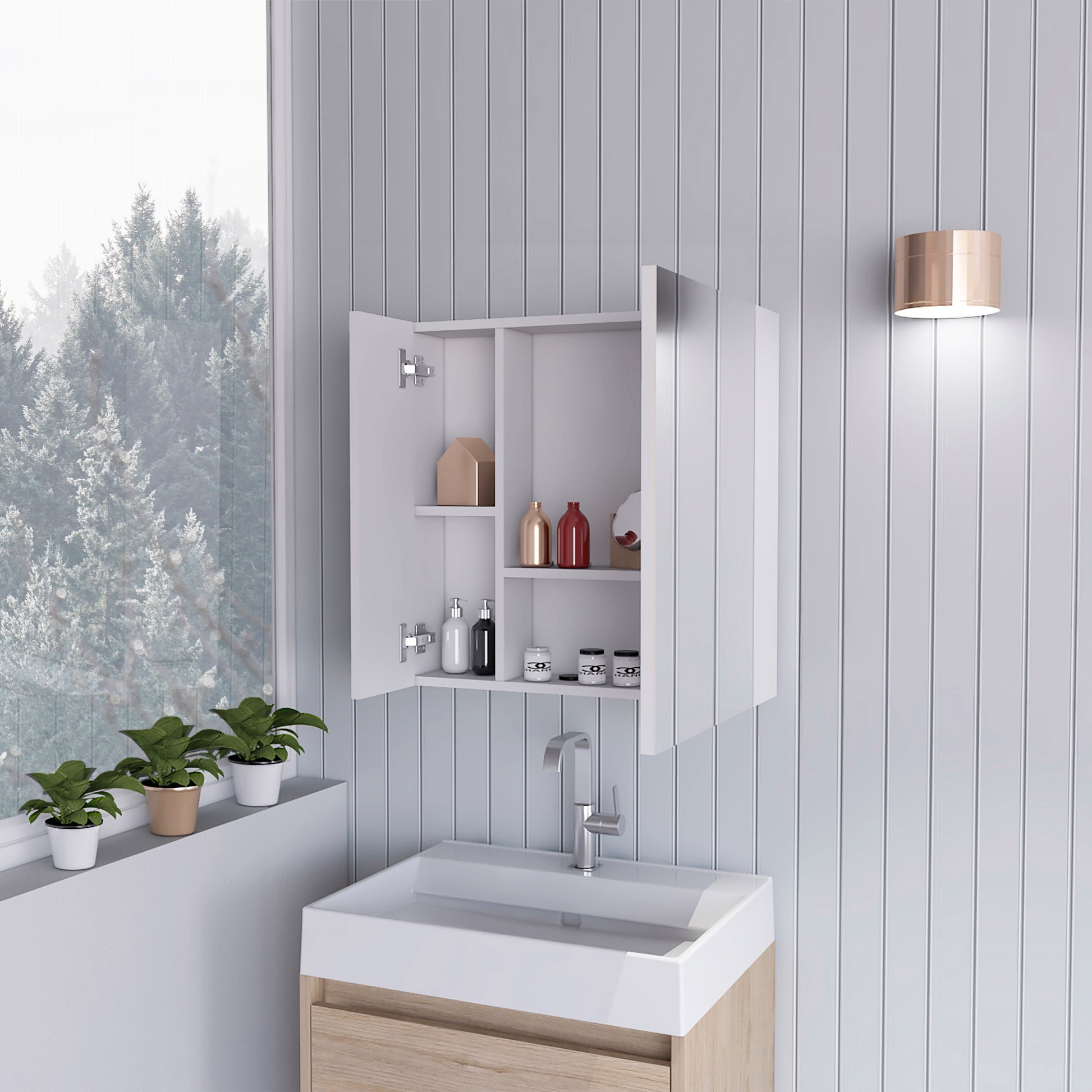 Modern white bathroom medicine cabinet with mirrored doors and organized shelves