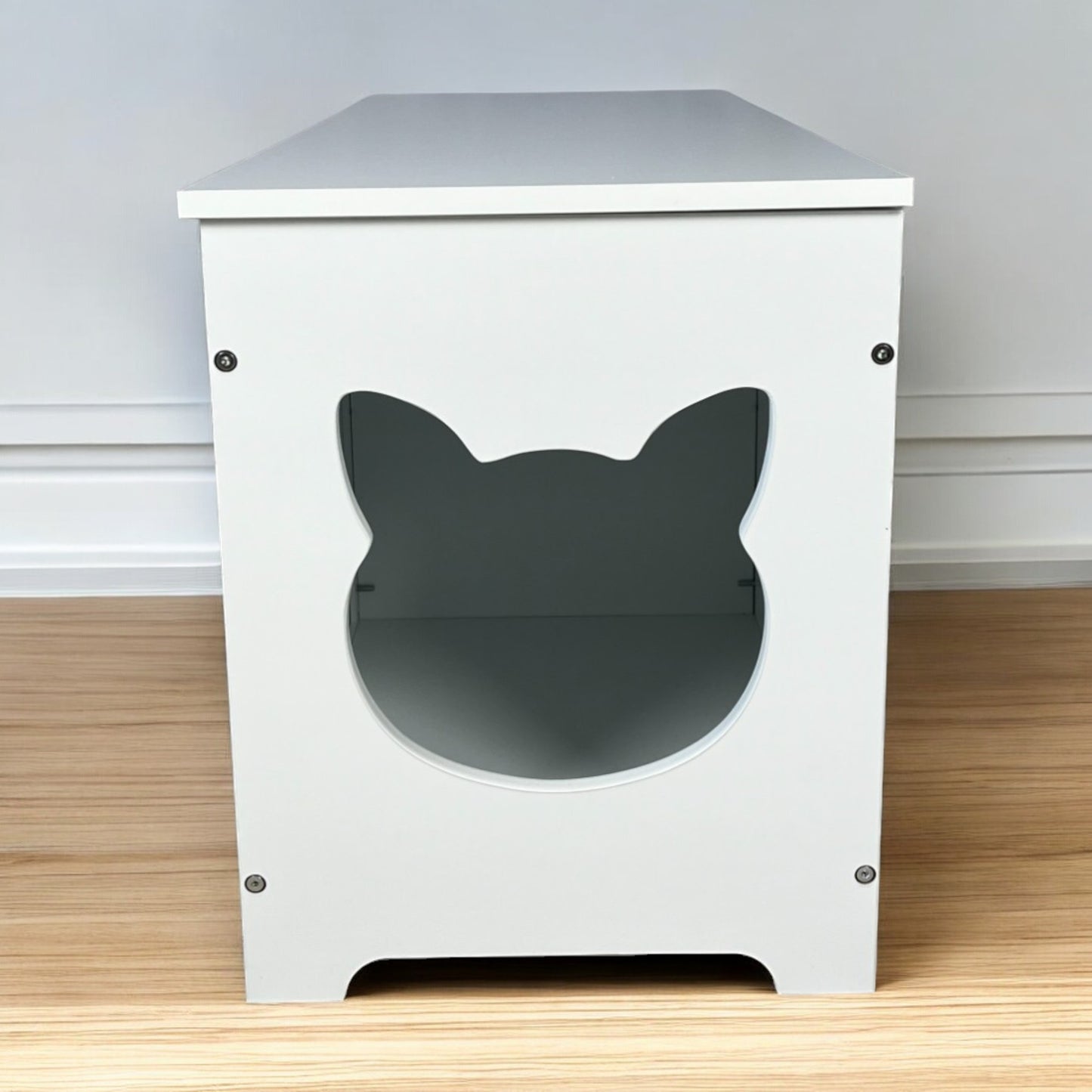 White modern cat house with a cute catshaped entrance hole perfect for small pets