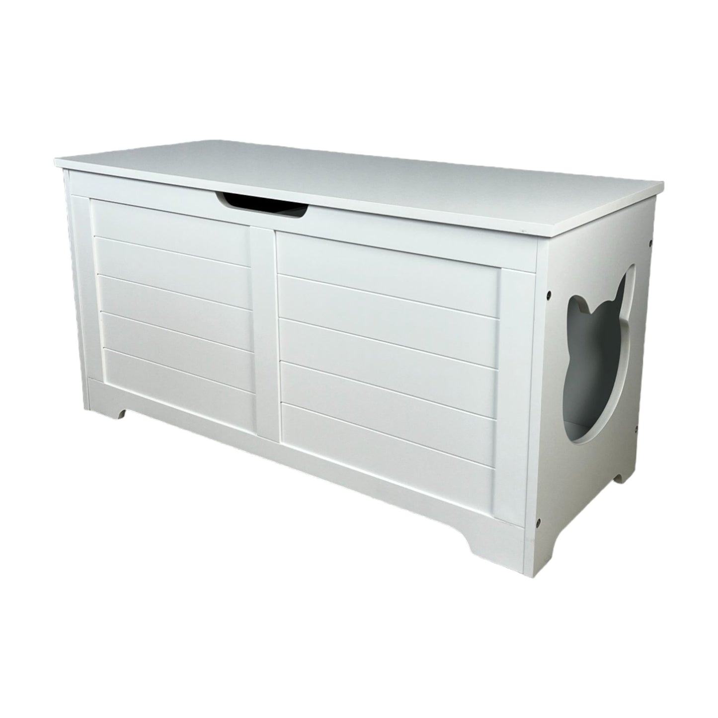 White wooden enclosed cat litter box furniture with a cute catshaped entrance hole