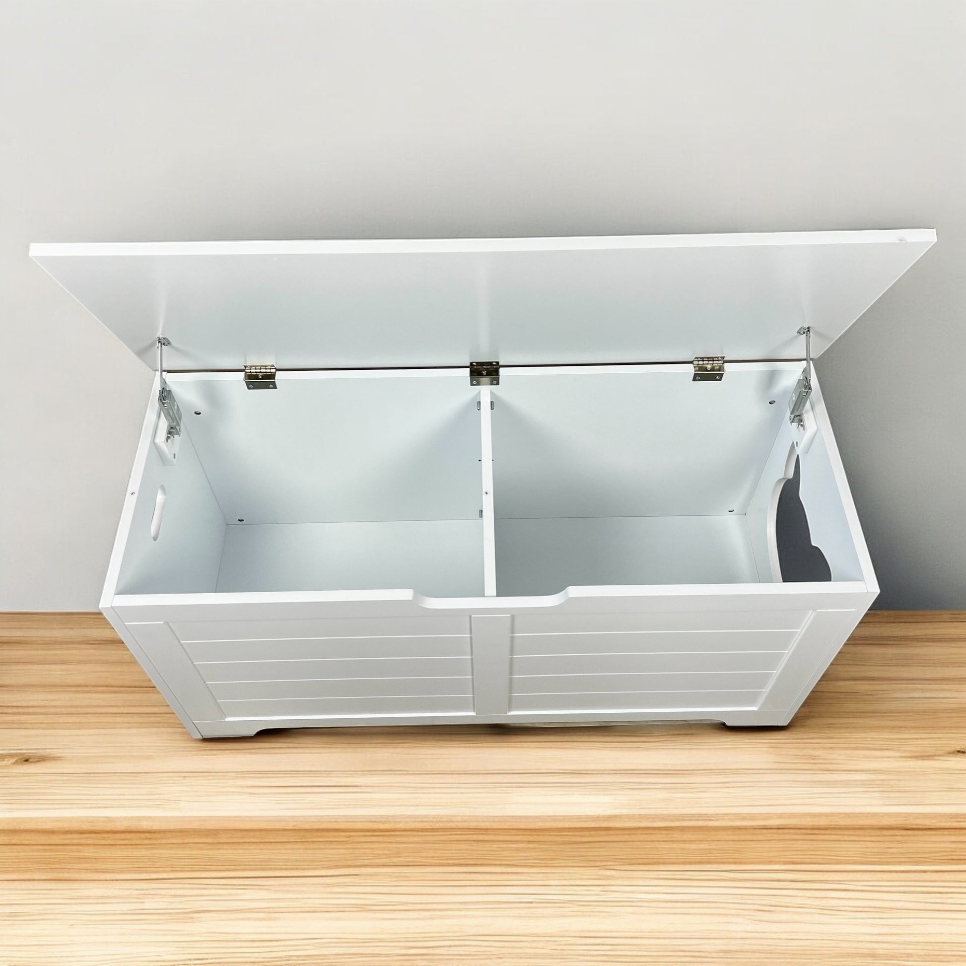 White wooden toy chest with two open compartments and a lifttop lid